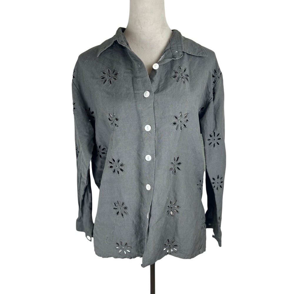 VTG‎ Jennifer Eden Women's Eyelet Floral Embroidery Gray Button Down Shirt SZ 10